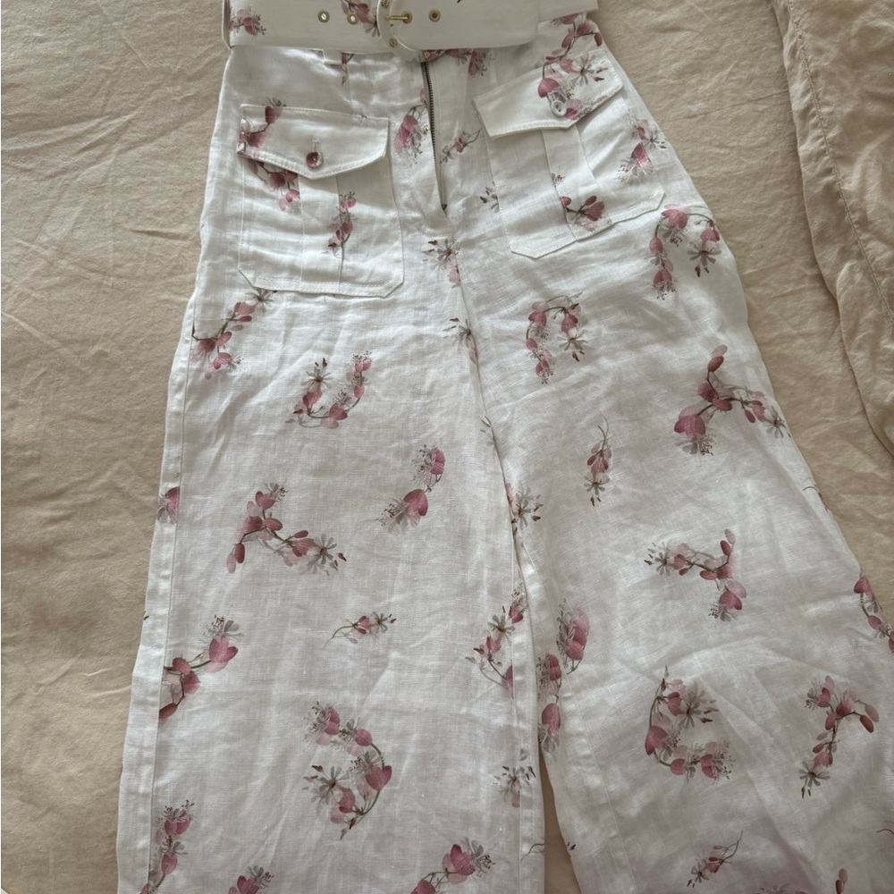 Zimmermann Ivory Pants with Pink Floral Design & Belt - Picture 2 of 4